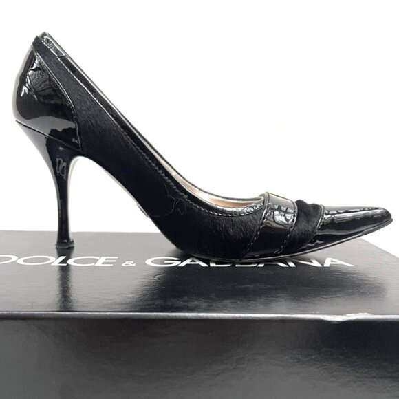 Dolce & Gabbana Logo decollete Pony Hair/Patent Leather Cap Toe Heels Pumps 7,5 - Picture 4 of 11